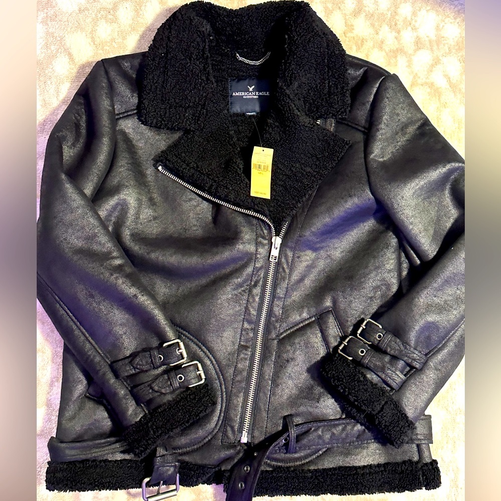 American Eagle Black brushed Moto jacket with Sherpa detail